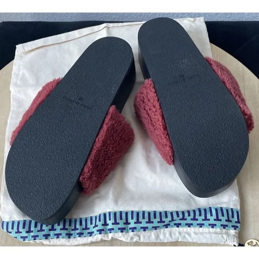 NEW Tory Burch Double T Fuzzy Shearling Platform Slides Sandals Slippers Sz 10